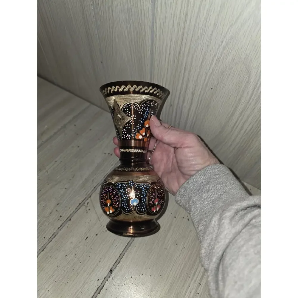 Vtg Handmade Ottoman Style MINAKARI Copper Enamel Vase Beautiful 7